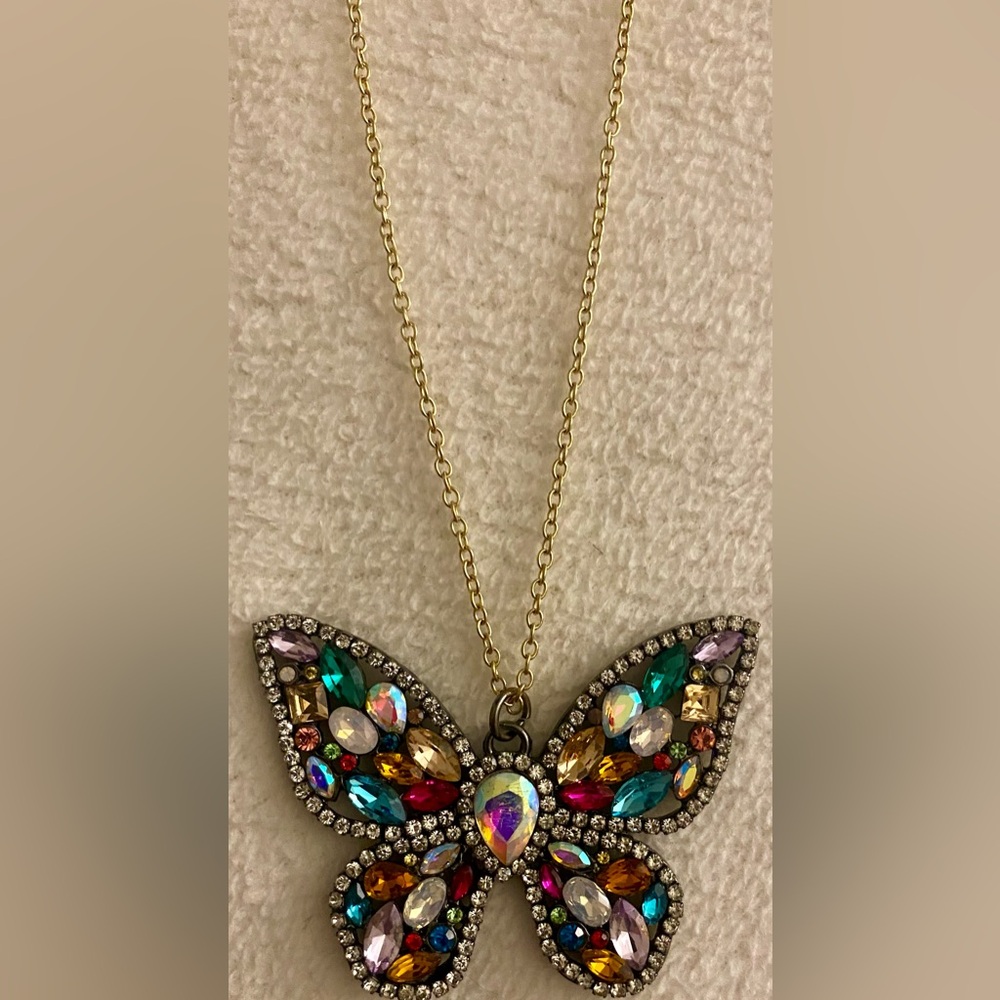 Colorful Rhinestone Butterfly Pendant/Necklace - Picture 3 of 7